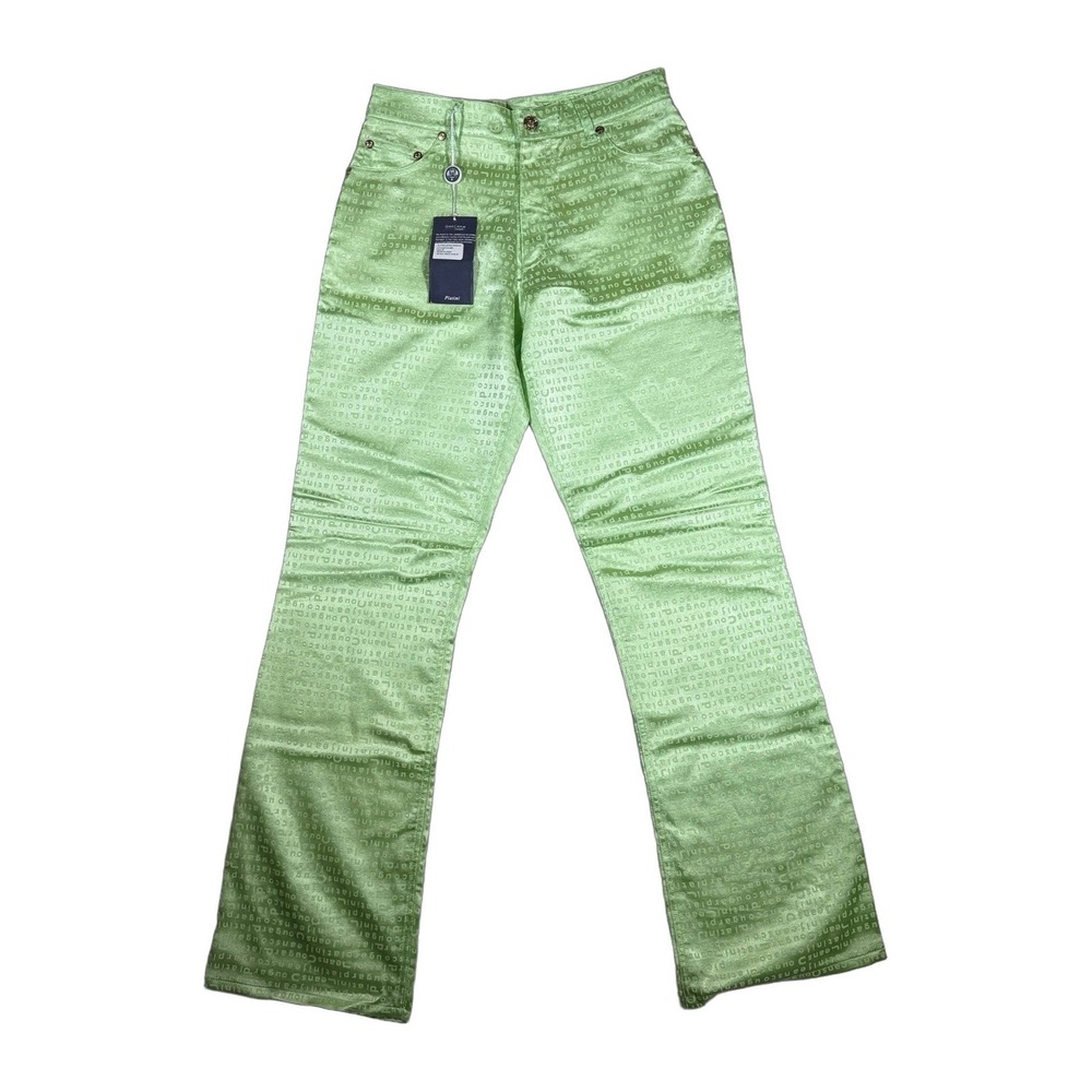 Platin Jeans Womens Size 27 Green‎ Satin Logo Print Flare Pants
